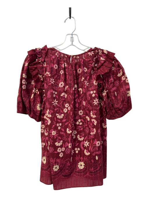 Ulla Johnson Size 4 Dark Maroon Cotton Short Balloon Sleeve Floral Ruffle Top Dark Maroon / 4