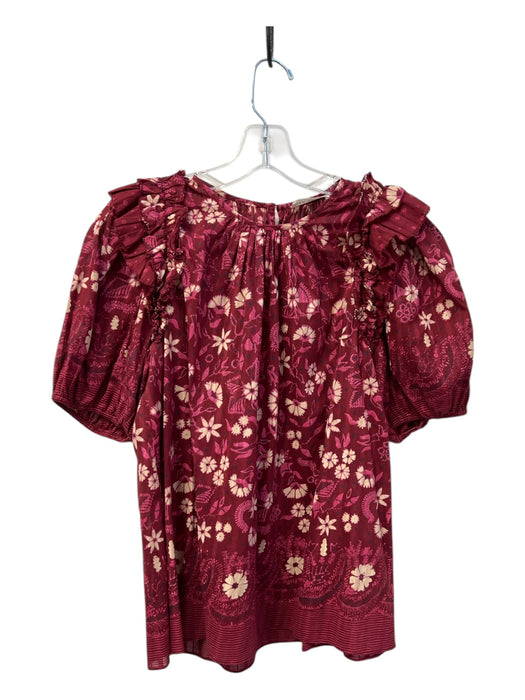 Ulla Johnson Size 4 Dark Maroon Cotton Short Balloon Sleeve Floral Ruffle Top Dark Maroon / 4