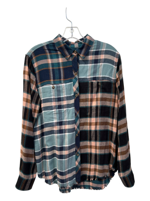 Rails Size S Blue, Teal, & Brown Rayon Blend Plaid Button Up Collared Top Blue, Teal, & Brown / S