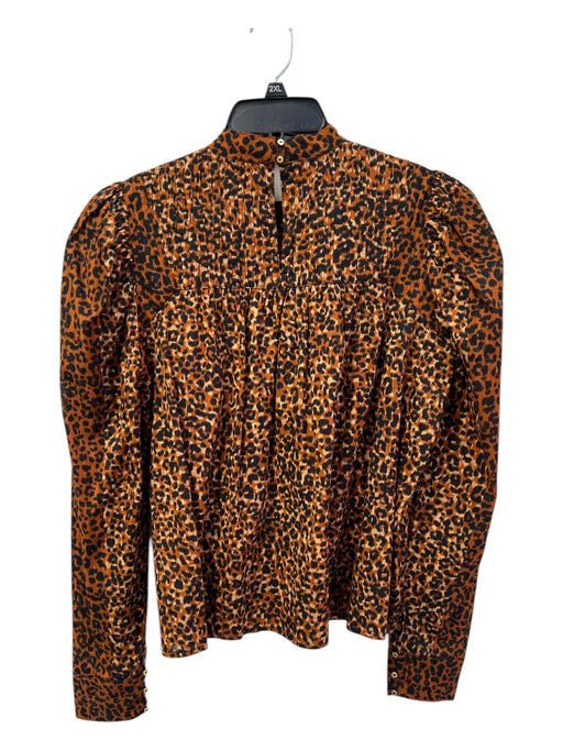 Ulla Johnson Size 4 Tan & black Cotton Cheetah Long Sleeve Pleat Round Neck Top Tan & black / 4