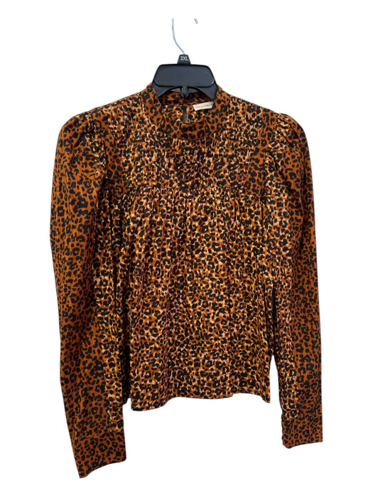 Ulla Johnson Size 4 Tan & black Cotton Cheetah Long Sleeve Pleat Round Neck Top Tan & black / 4