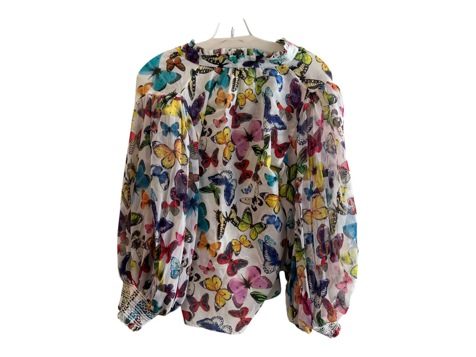 Alice + Olivia Size Small White & Multi Cotton & Silk Ruffle V Neck Top White & Multi / Small
