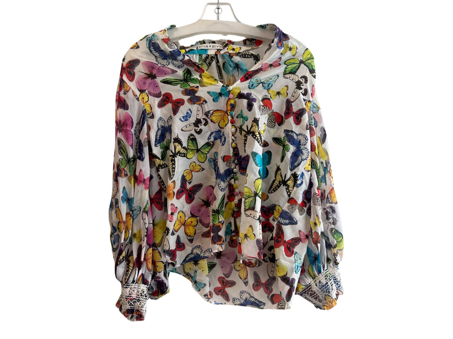 Alice + Olivia Size Small White & Multi Cotton & Silk Ruffle V Neck Top White & Multi / Small