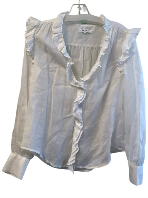 Frame Size Medium White Ramie Ruffle V Neck Long Sleeve Button Down Top White / Medium