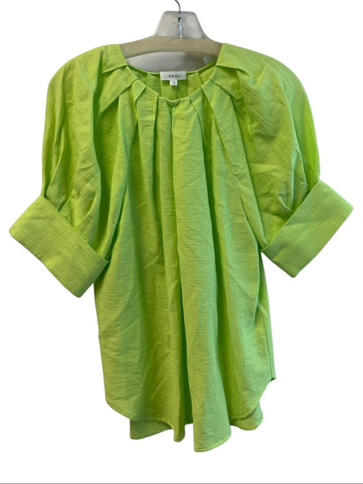 A.L.C. Size 2 Green Viscose & Cotton V Neck Short Puff Sleeve Pleated Top Green / 2