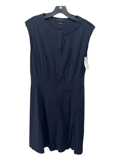 Theory Size 10 Navy Blue Cotton Blend Sleeveless Half Button Side Zip Dress Navy Blue / 10