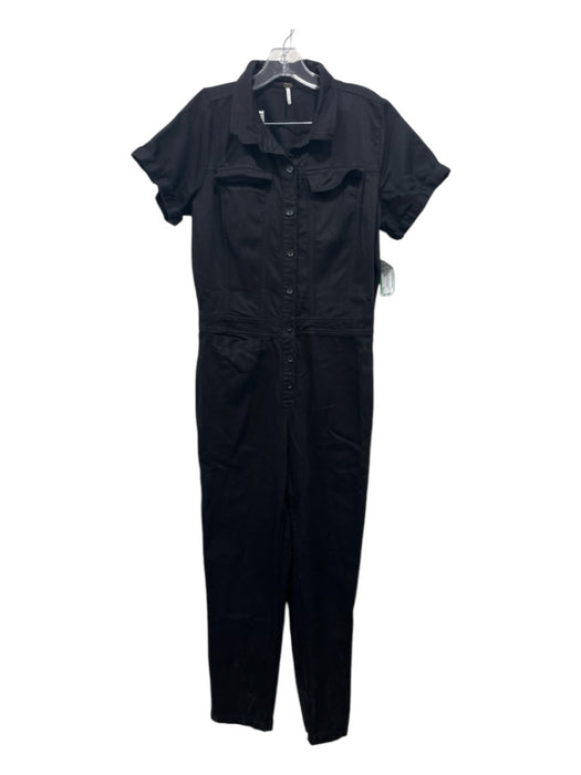 YFB Size M Black Tencel & Cotton Drop Waist Button Cap Sleeve Jumpsuit Black / M