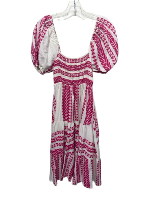 Sofia Size Est S White & Pink Cotton Geometric Short Puff Sleeve Tiered Dress White & Pink / Est S