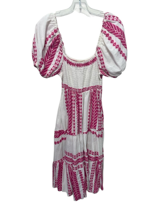 Sofia Size Est S White & Pink Cotton Geometric Short Puff Sleeve Tiered Dress White & Pink / Est S