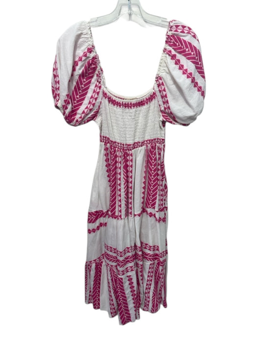 Sofia Size Est S White & Pink Cotton Geometric Short Puff Sleeve Tiered Dress White & Pink / Est S