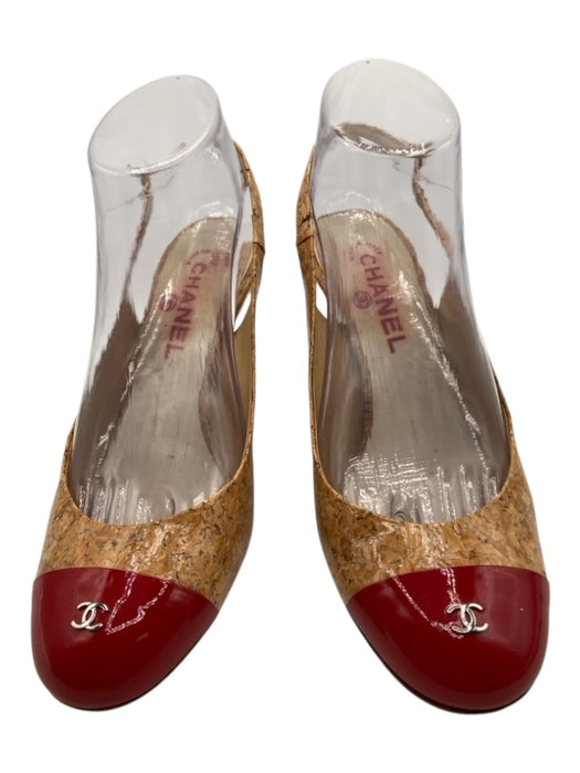 Chanel Shoe Size 38 Tan & Red Leather Cork Toe Cap Slingback Low Heel Pumps Tan & Red / 38