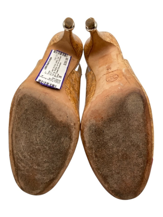 Chanel Shoe Size 38 Tan & Red Leather Cork Toe Cap Slingback Low Heel Pumps Tan & Red / 38