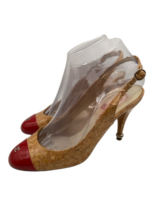 Chanel Shoe Size 38 Tan & Red Leather Cork Toe Cap Slingback Low Heel Pumps Tan & Red / 38