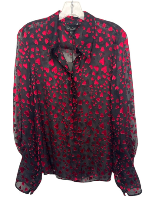 Saloni Size 8 Black & Red Silk & Rayon Long Sleeve Hearts Buttons Sheer Top Black & Red / 8