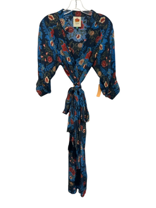 Farm Rio Size M Navy Blue, Red, Green Viscose Short Puff Sleeve Button Dress Navy Blue, Red, Green / M