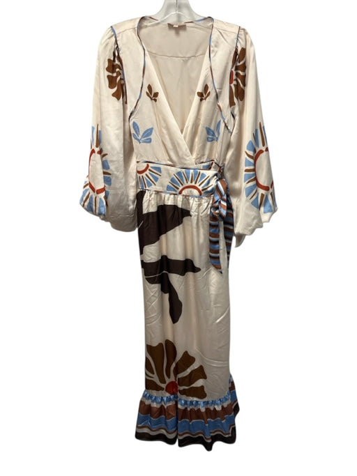 Ciebon Size M White, Brown, Blue Polyester Puff 1/2 Sleeve Abstract Print Dress White, Brown, Blue / M