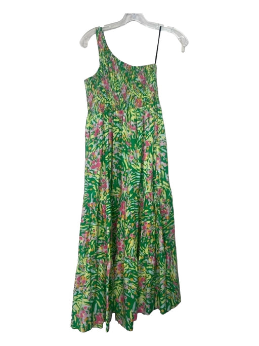 S/W/F Size S Green Pink Yellow Cotton Floral One Shoulder Sleeveless Dress Green Pink Yellow / S