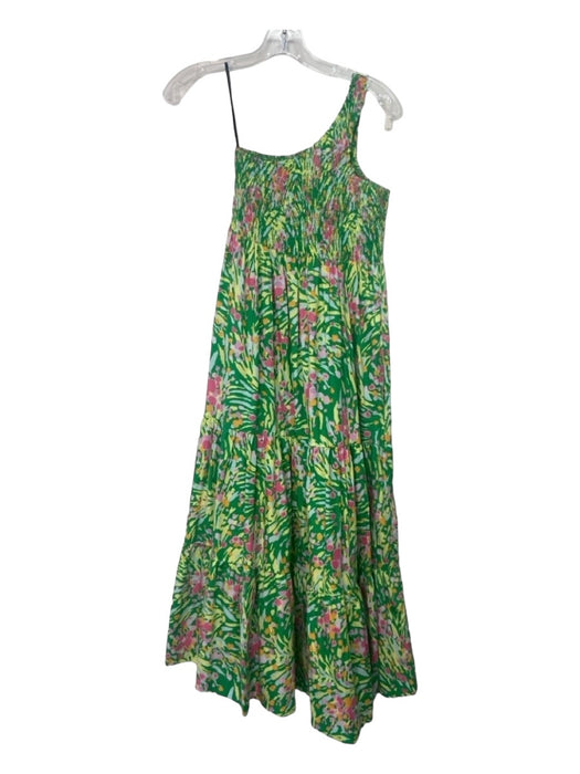 S/W/F Size S Green Pink Yellow Cotton Floral One Shoulder Sleeveless Dress Green Pink Yellow / S