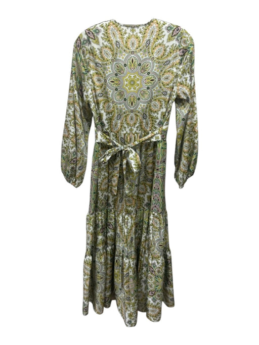 Sandro Size 34 White, Green & Multi Polyester Paisley V Neck Tie Waist Dress White, Green & Multi / 34