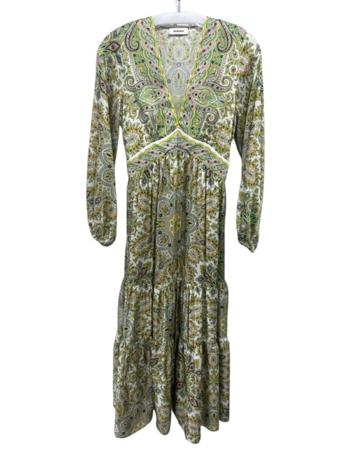 Sandro Size 34 White, Green & Multi Polyester Paisley V Neck Tie Waist Dress White, Green & Multi / 34