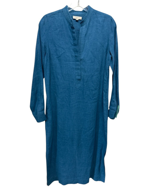 Ann Mashburn Size XS Teal Blue Linen Long Sleeve 1/4 Button Sheath Midi Dress Teal Blue / XS