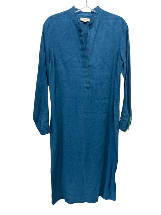 Ann Mashburn Size XS Teal Blue Linen Long Sleeve 1/4 Button Sheath Midi Dress Teal Blue / XS
