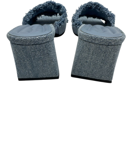 Open Edit Shoe Size 6.5 Blue Denim Raw Edge Peep Toe Mule Low Block Heel Sandals Blue / 6.5
