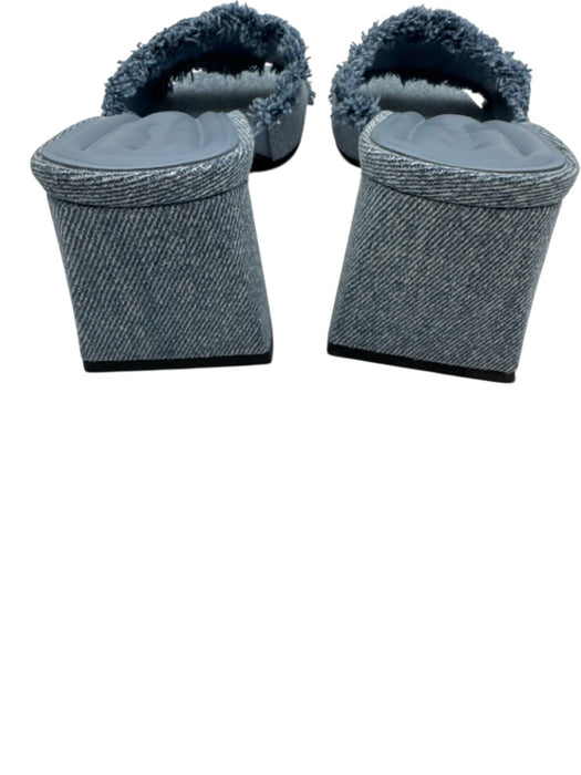 Open Edit Shoe Size 6.5 Blue Denim Raw Edge Peep Toe Mule Low Block Heel Sandals Blue / 6.5