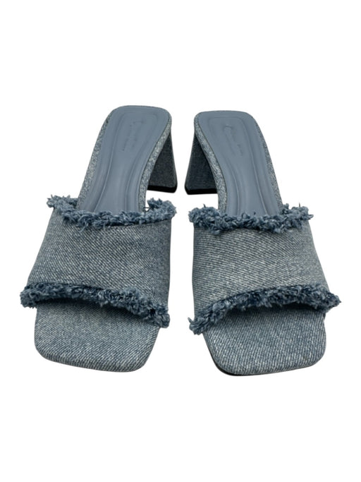 Open Edit Shoe Size 6.5 Blue Denim Raw Edge Peep Toe Mule Low Block Heel Sandals Blue / 6.5