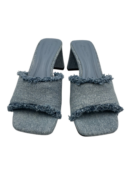 Open Edit Shoe Size 6.5 Blue Denim Raw Edge Peep Toe Mule Low Block Heel Sandals Blue / 6.5