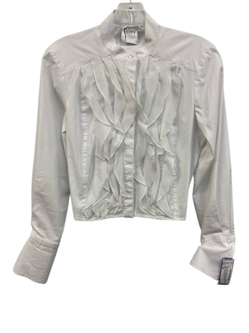 Finley Size XXS White Cotton Blend Long Sleeve Stand Collar Ruffle Top White / XXS