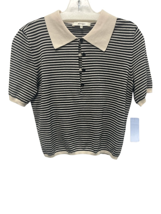 Frame Size S White & Black Wool Short Sleeve Striped 1/2 Button Collar Top White & Black / S