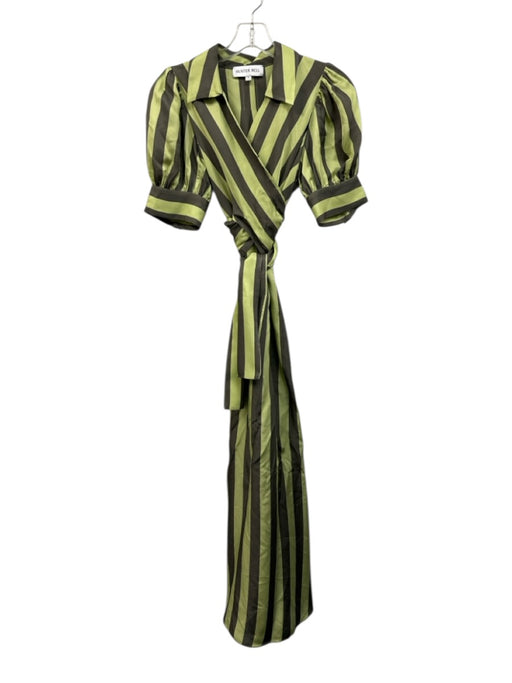 Hunter Bell Size 2 Green & Gray Viscose Striped Short Puff Sleeve Midi Dress Green & Gray / 2