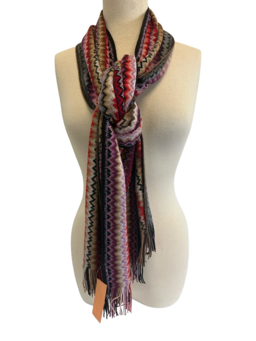 Missoni Red, Black & Multi Wool Blend Knit Chevron Stripe Fringe Edging scarf Red, Black & Multi