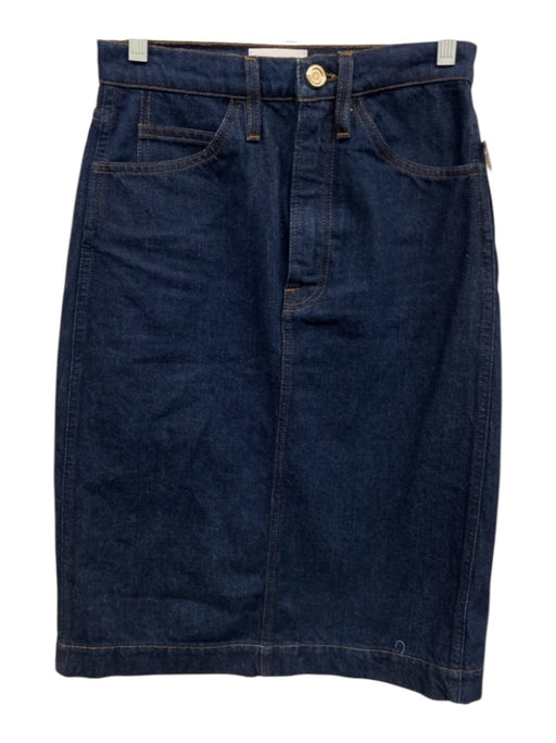 Frame Size 23 Dark Wash Cotton Denim 5 Pocket Button & Zip Fly Midi Skirt Dark Wash / 23