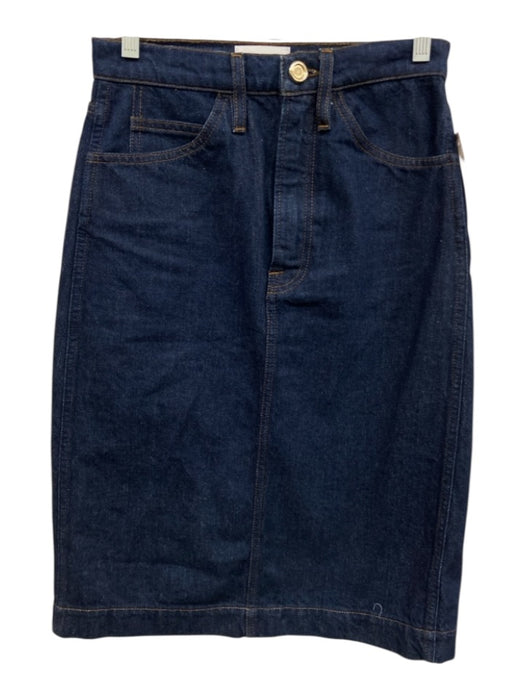 Frame Size 23 Dark Wash Cotton Denim 5 Pocket Button & Zip Fly Midi Skirt Dark Wash / 23