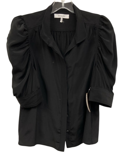 Frame Size XS Black Silk 1/2 Sleeve Puff Shoulder Button Up Top Black / XS