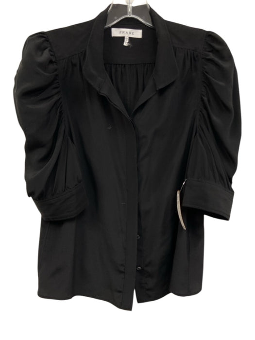 Frame Size XS Black Silk 1/2 Sleeve Puff Shoulder Button Up Top Black / XS