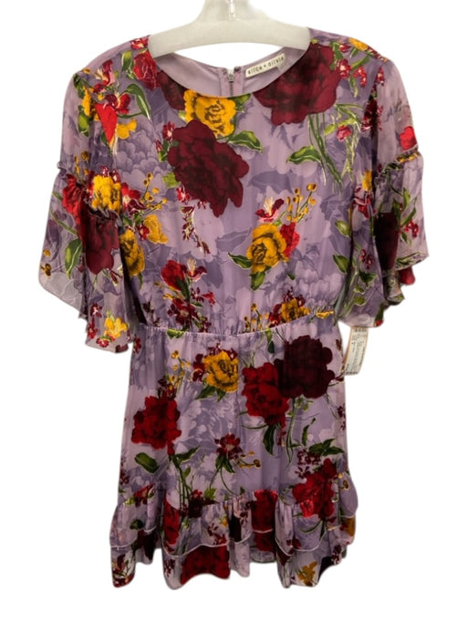 Alice + Olivia Size 0 Purple, Red & Green Silk Blend Floral 1/2 Sleeve Dress Purple, Red & Green / 0