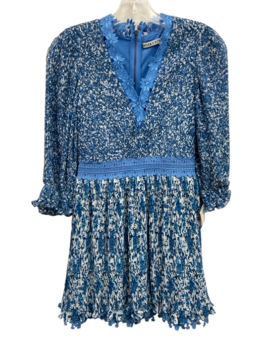 Alice + Olivia Size 0 Blue & White Polyester Floral Accordion Pleat V Neck Dress Blue & White / 0