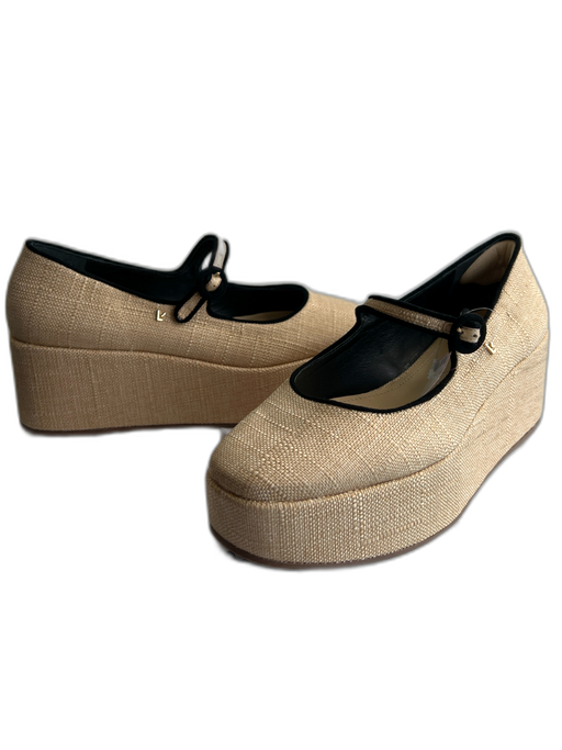 Larroude Shoe Size 9 Beige Raffia Black Suede Piping Flatform Mary Jane Shoes Beige / 9