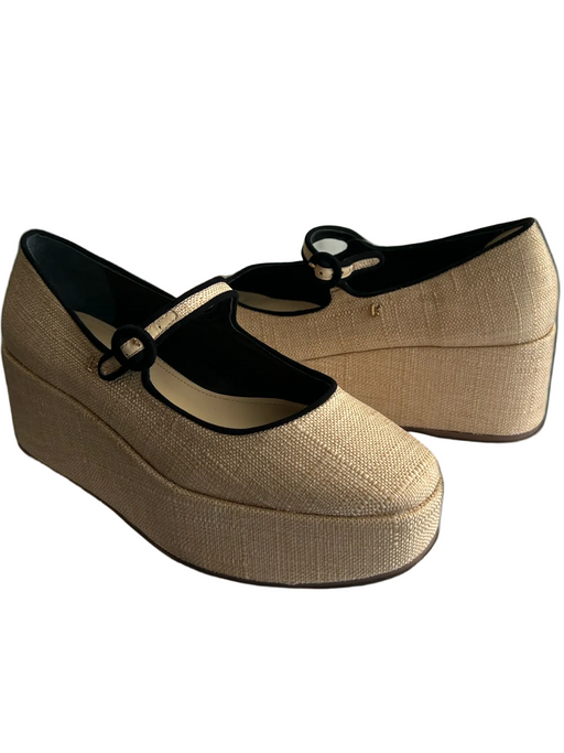 Larroude Shoe Size 9 Beige Raffia Black Suede Piping Flatform Mary Jane Shoes Beige / 9