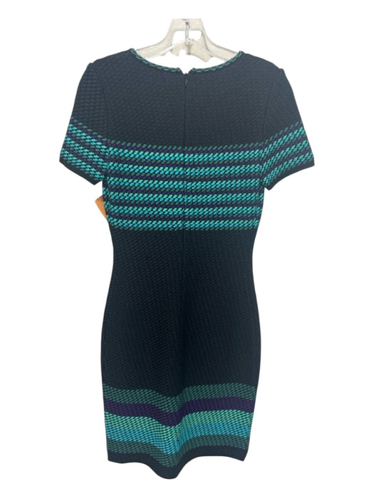 St. John Size 2 Navy Blue, Aqua, Purple Cotton & Wool Short Sleeve Striped Dress Navy Blue, Aqua, Purple / 2