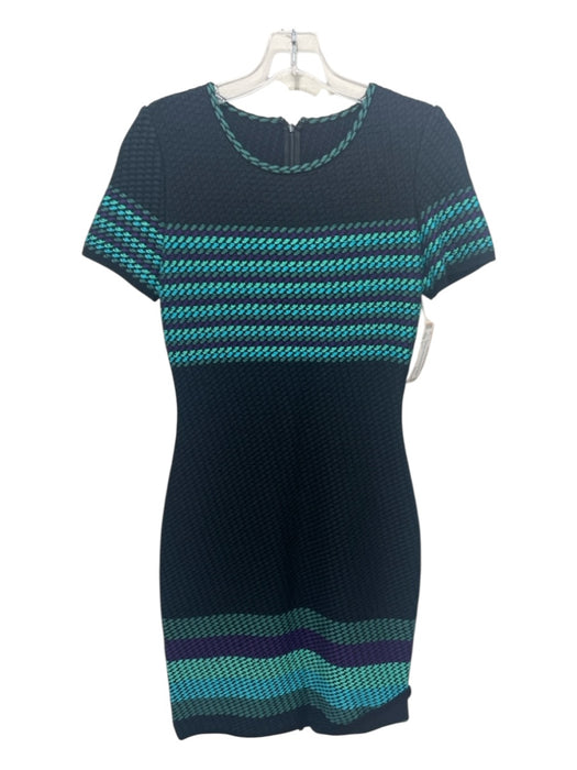 St. John Size 2 Navy Blue, Aqua, Purple Cotton & Wool Short Sleeve Striped Dress Navy Blue, Aqua, Purple / 2