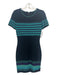 St. John Size 2 Navy Blue, Aqua, Purple Cotton & Wool Short Sleeve Striped Dress Navy Blue, Aqua, Purple / 2