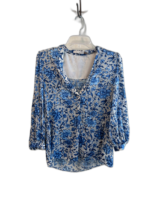 Alice & Olivia Size S/P Blue & White Viscose round split neck Semi Sheer Top Blue & White / S/P