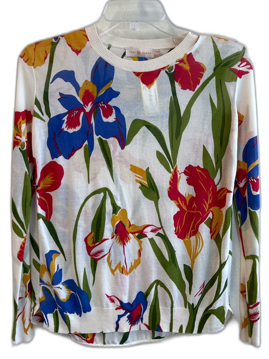 Tory Burch Size XS White, Blue & Multi Cotton Blend Floral Crew Neck Top White, Blue & Multi / XS