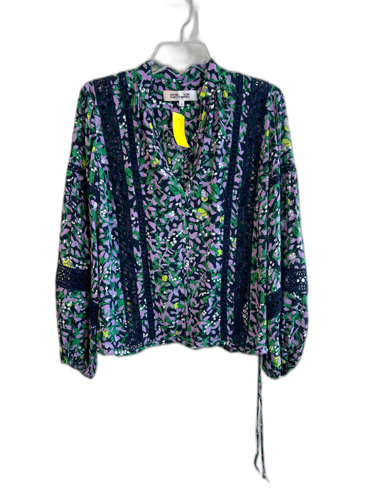 Diane Von Furstenberg Size Small Navy & Purple Viscose Long Sleeve Floral Top Navy & Purple / Small