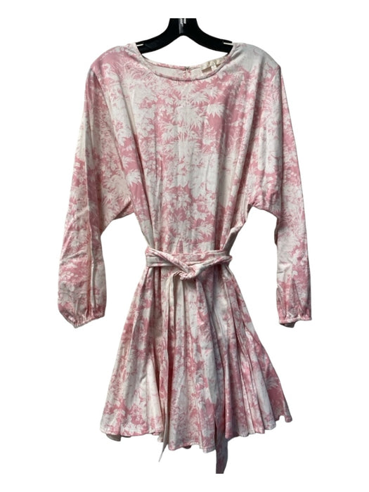 Wayf Size Small Pink & White Cotton Blend Floral Long Sleeve Belted Dress Pink & White / Small