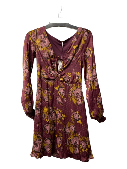 Free People Size 2 Purple & Multi Polyester V Neck Long Balloon Sleeve Dress Purple & Multi / 2